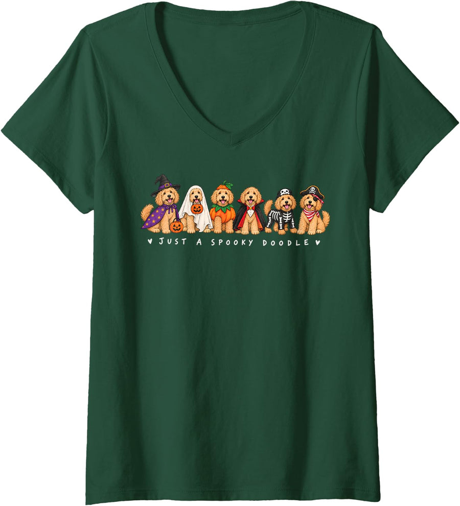 Women's Just A Spooky Doodle Halloween Dog Costume Lover V-Neck T-Shirt - Dark Green