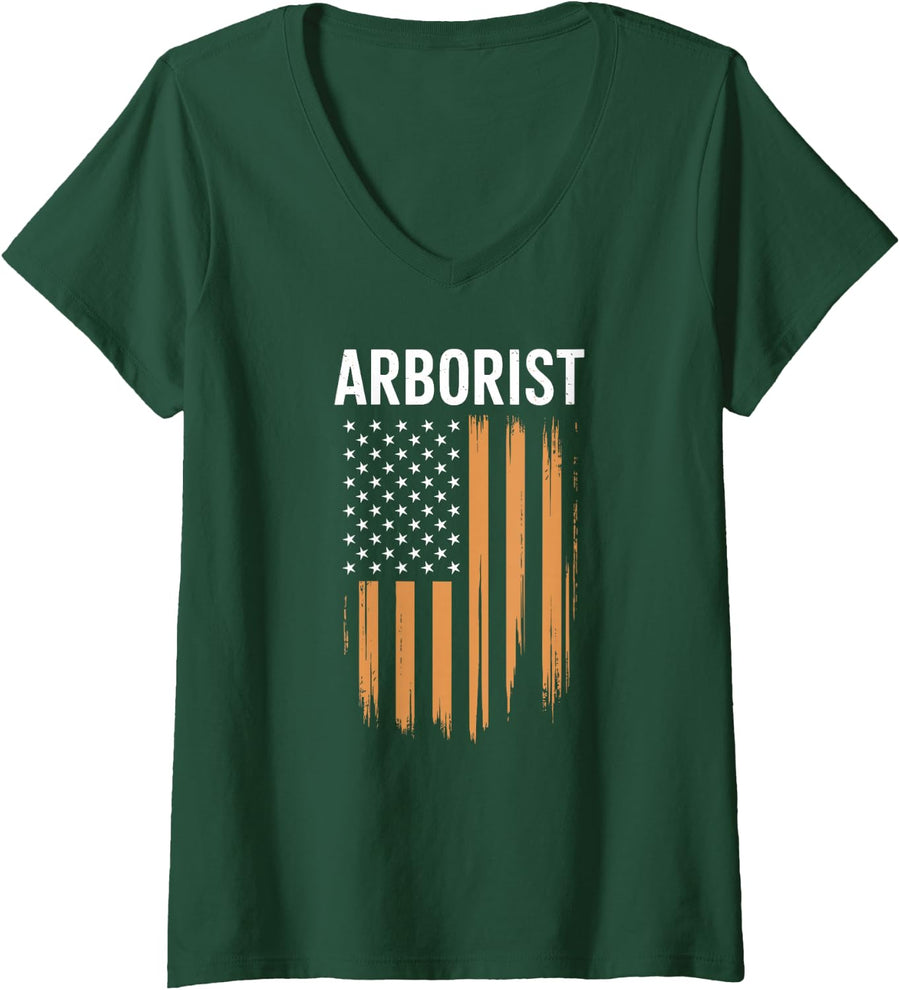 Women's Arborist American Flag Woodworking V-Neck T-Shirt - Dark Green