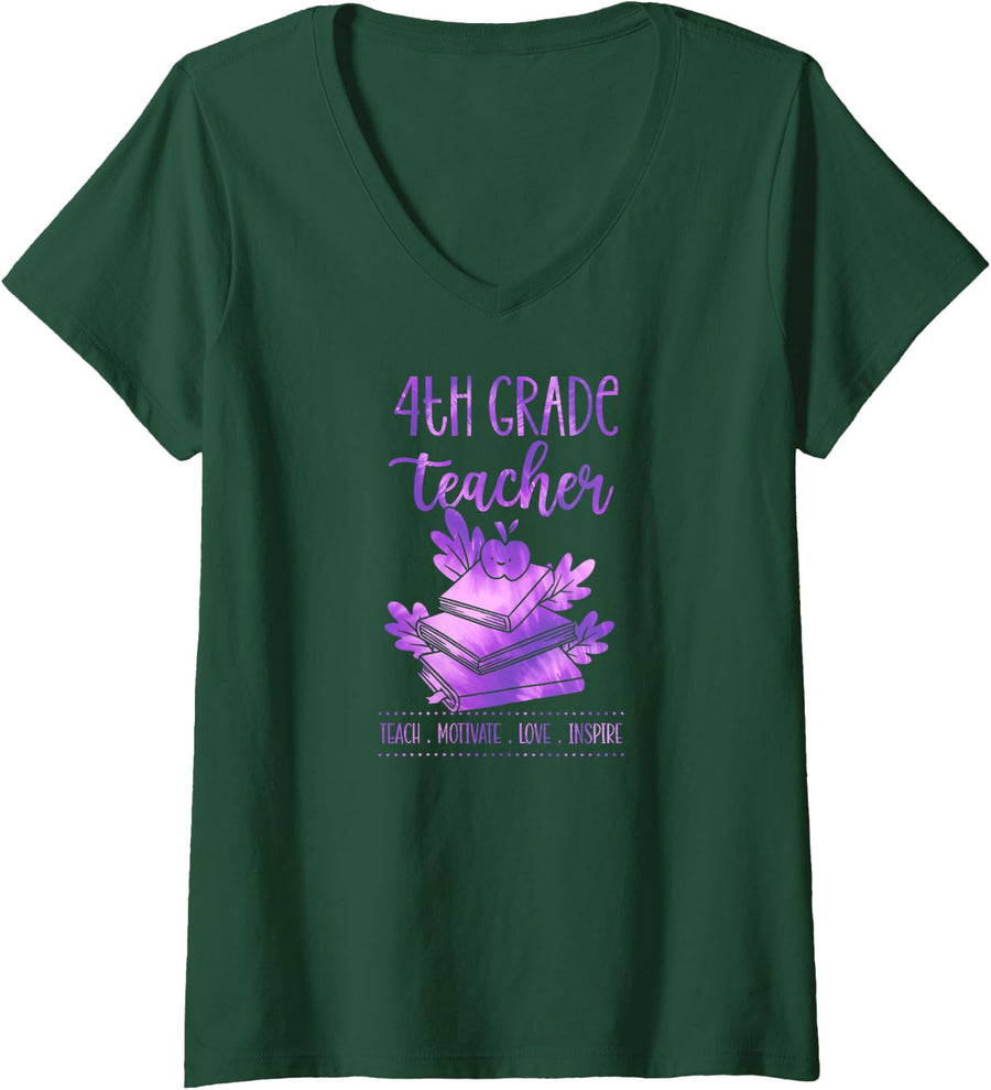 Women's 4th Grade Teacher Teach Motivate Love Inspire School Motto V-Neck T-Shirt - Dark Green