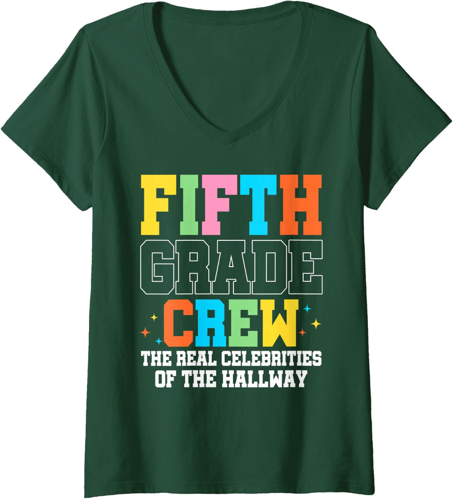 Women's Back to School 5th Fifth Grade Crew Hallway Celebrities V-Neck T-Shirt - Dark Green