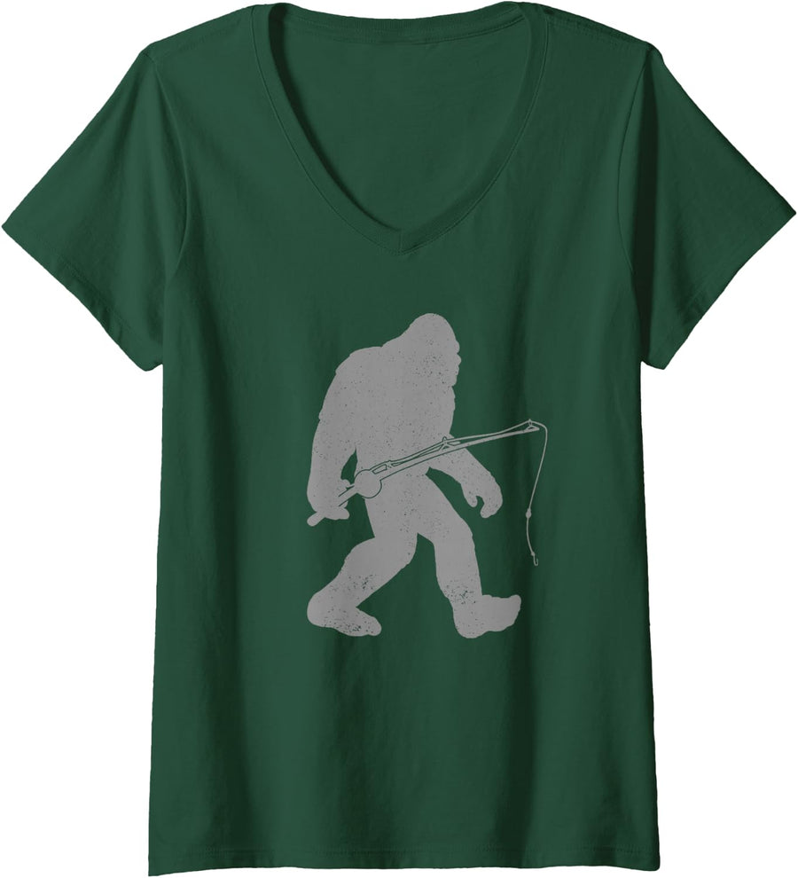 Women's Fishing Bigfoot Funny Fishing Gift Men Youth Boys V-Neck T-Shirt - Dark Green