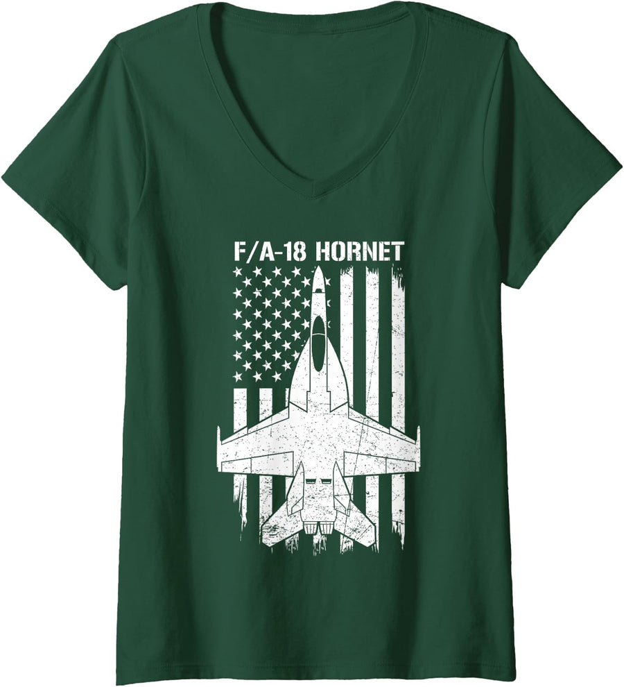 Women's FA-18 Hornet Flag American US F-18 Fighter Jet Airplanes V-Neck T-Shirt - Dark Green