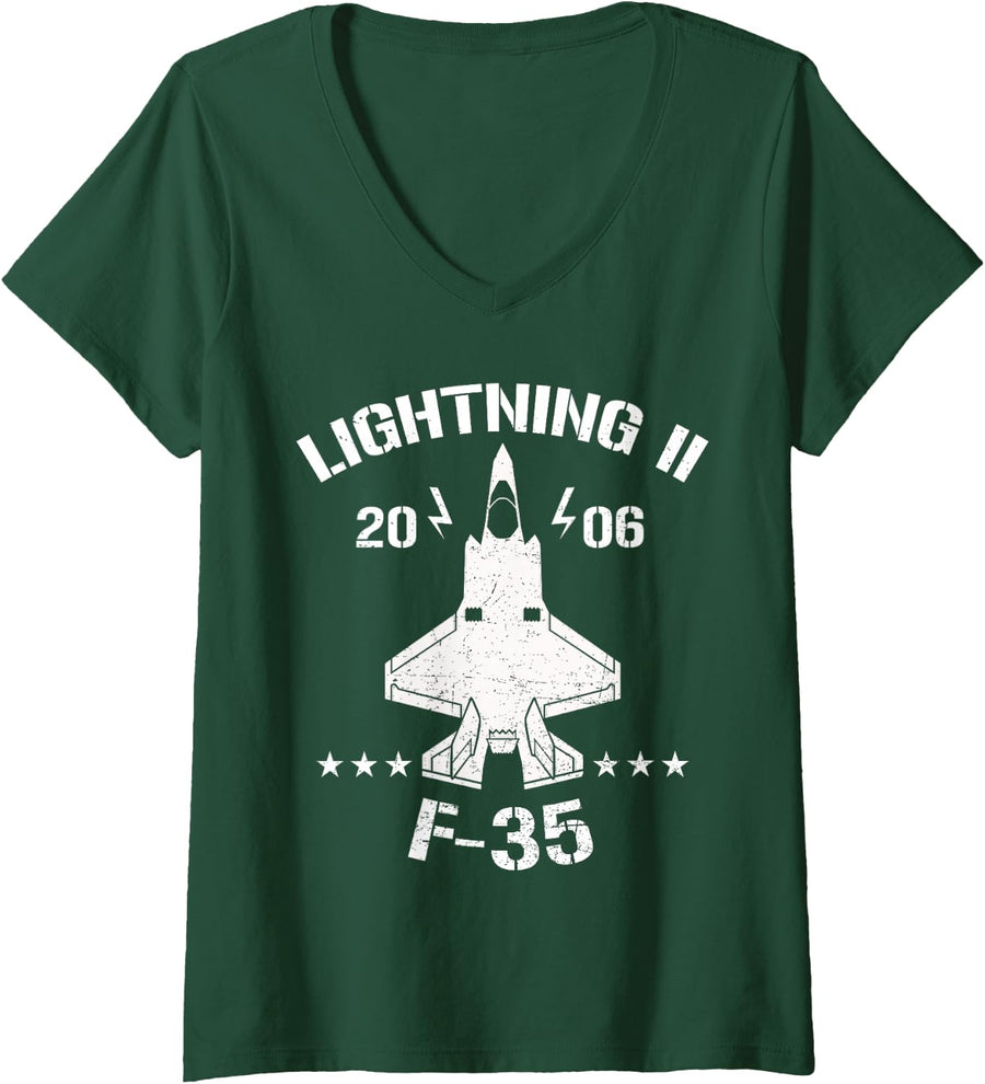 Women's F-35 Lightning Est 2006 USA Fighter Jet Military Aircraft V-Neck T-Shirt - Dark Green