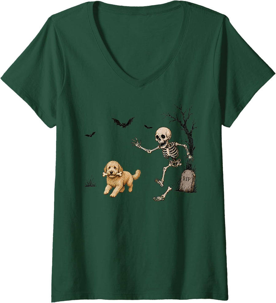 Women's Funny Halloween Goldendoodle Skeleton Bone Spooky Pet Lover V-Neck T-Shirt - Dark Green