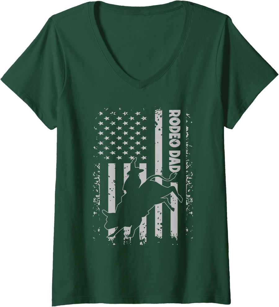 Women's Rodeo Dad Bull Rider American Flag Cowboys V-Neck T-Shirt - Dark Green