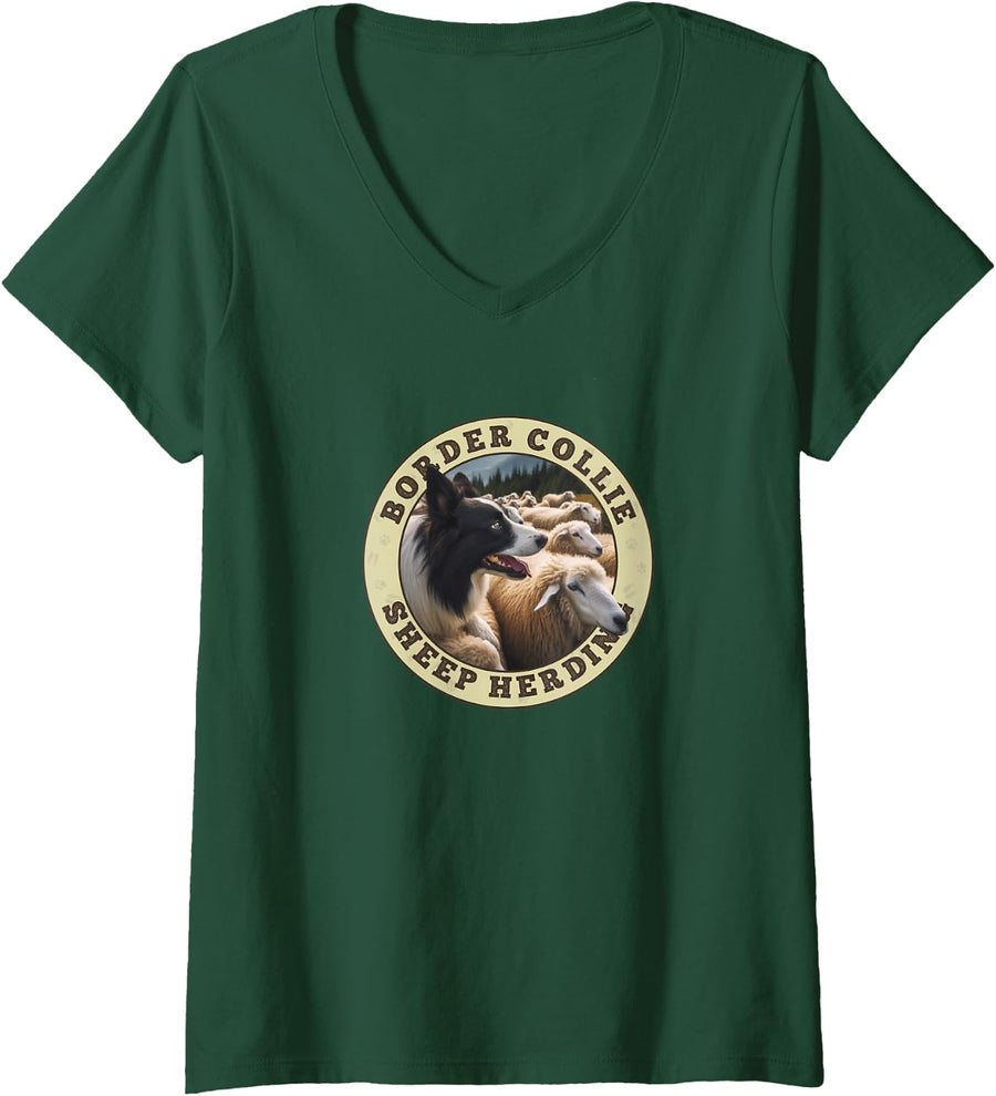 Women's Border Collie Australian Shepherd with Sheep V-Neck T-Shirt - Dark Green