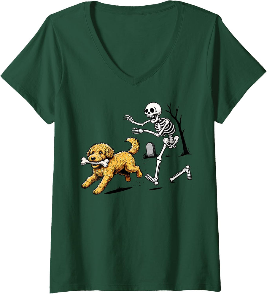 Women's Goldendoodle Halloween Skeleton Dog Bone Chasing Graphic V-Neck T-Shirt - Dark Green