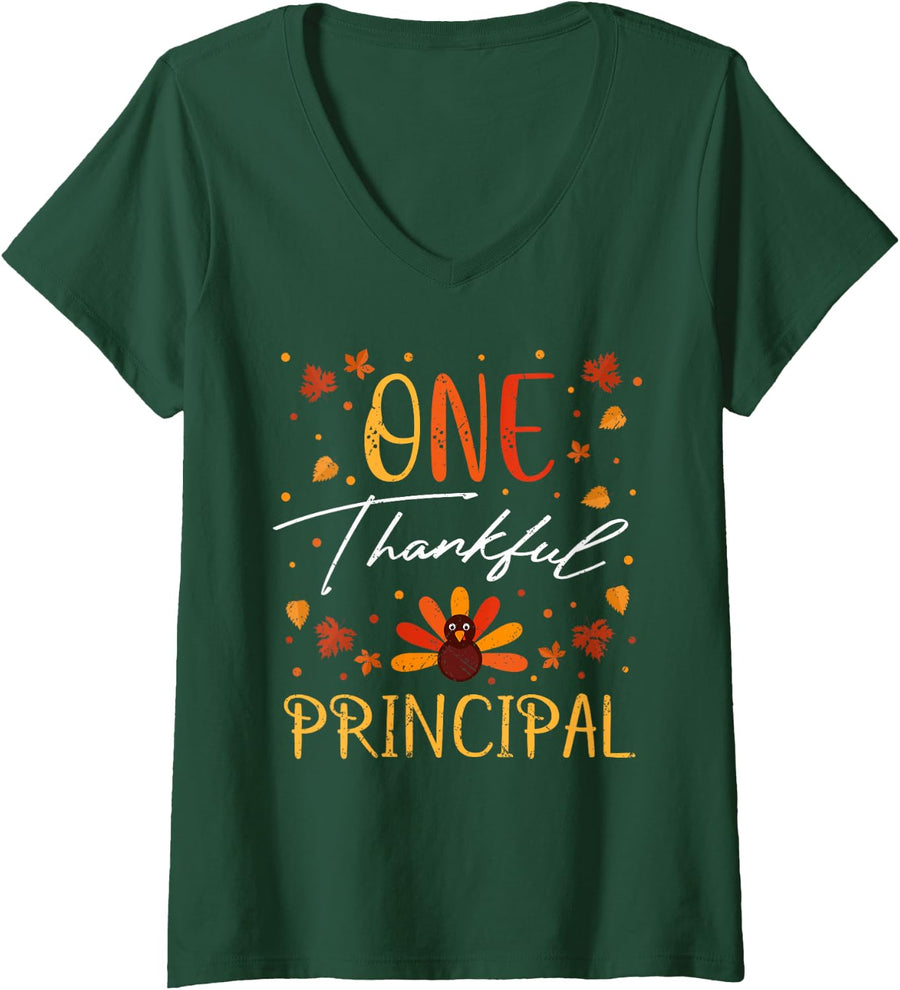 Women's One Thankful Principal Thanksgiving Vintage Fall V-Neck T-Shirt - Dark Green