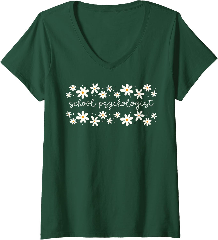 Women's Flower Daisy School Psychologist Educational Diagnostician V-Neck T-Shirt - Dark Green