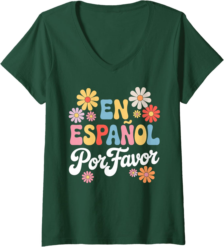 Women's Spanish Teacher Design for Men Women Kids Teaching Maestra V-Neck T-Shirt - Dark Green