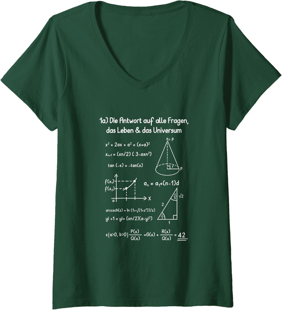 Women's The Answer is 42 Answer to All Questions Maths Gift V-Neck T-Shirt - Dark Green