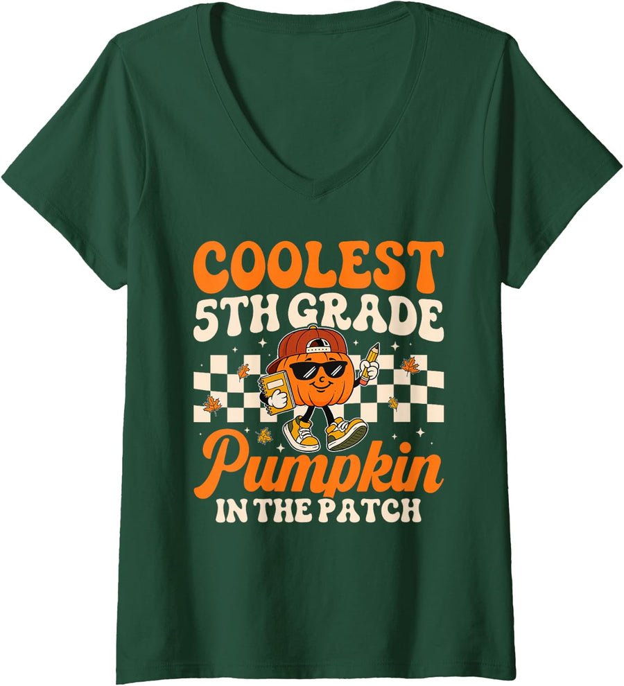 Women's Coolest 5th Grade Pumpkin in The Patch Fall Teacher Kids V-Neck T-Shirt - Dark Green