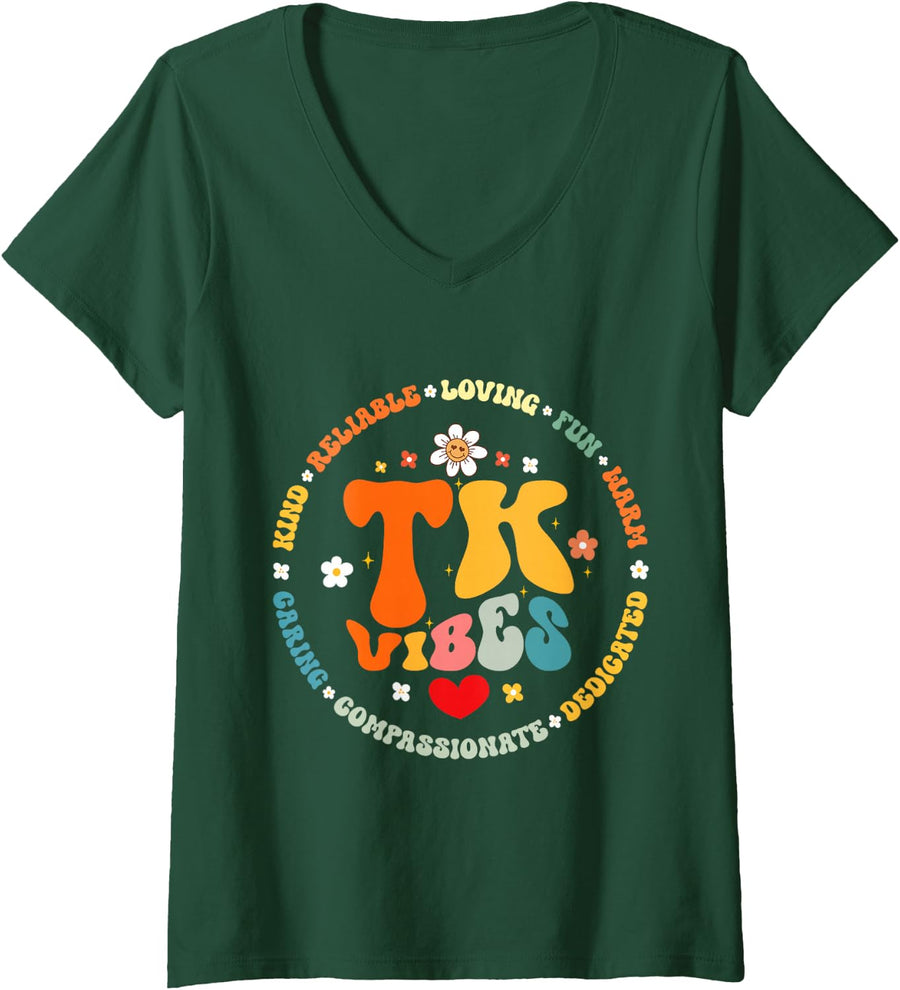 Women's TK Vibes Squad Transitional-Kindergarten Back to School V-Neck T-Shirt - Dark Green