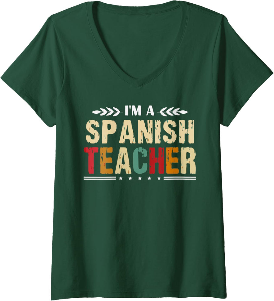 Women's Spanish Teacher Appreciation Maestra De Español Classroom V-Neck T-Shirt - Dark Green