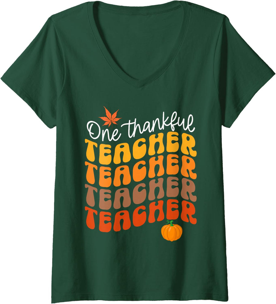 Women's One Thankful Teacher Retro Thanksgiving Fall Teachers V-Neck T-Shirt - Dark Green