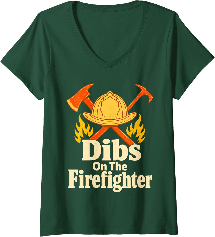 Women's Dibs On The Firefighter Helmet Axes V-Neck T-Shirt - Dark Green