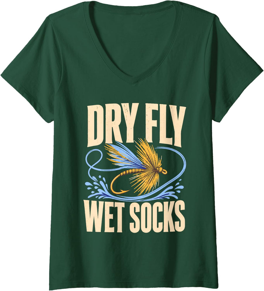 Women's Dry Fly Wet Socks Fly Fishing Angler V-Neck T-Shirt - Dark Green