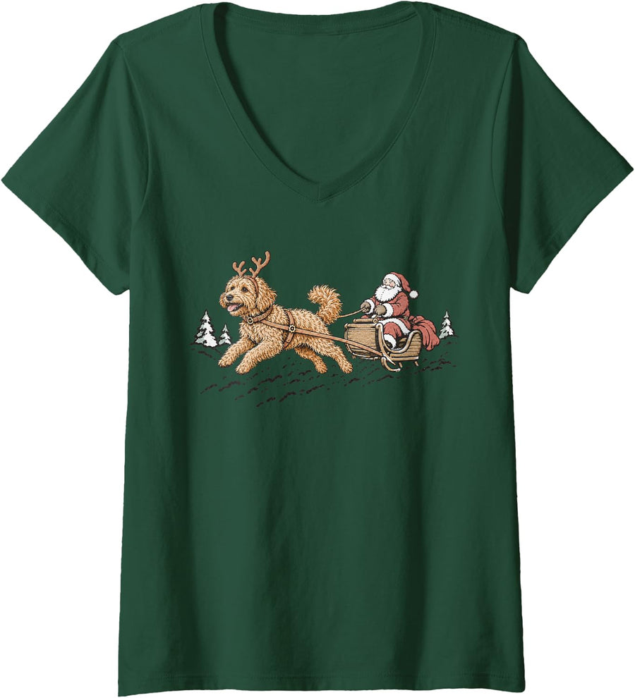 Women's Goldendoodle Sleighing Santa Claus Christmas Dog Lover V-Neck T-Shirt - Dark Green