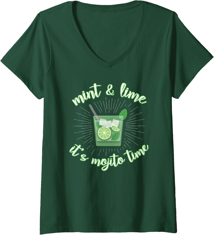 Womens Mint & Lime It's Mojito Time Funny Mojito Drinking V-Neck T-Shirt - Dark Green