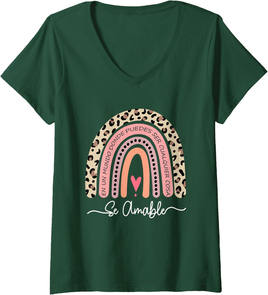 Women's Se Amable Be Kind in Spanish - Encouraging and Inspiring V-Neck T-Shirt - Dark Green