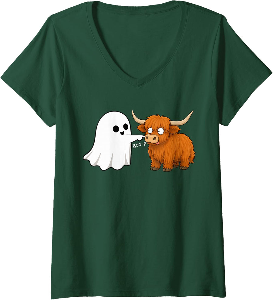 Women's Cute Scottish Highland Cow Boop Ghost Halloween V-Neck T-Shirt - Dark Green