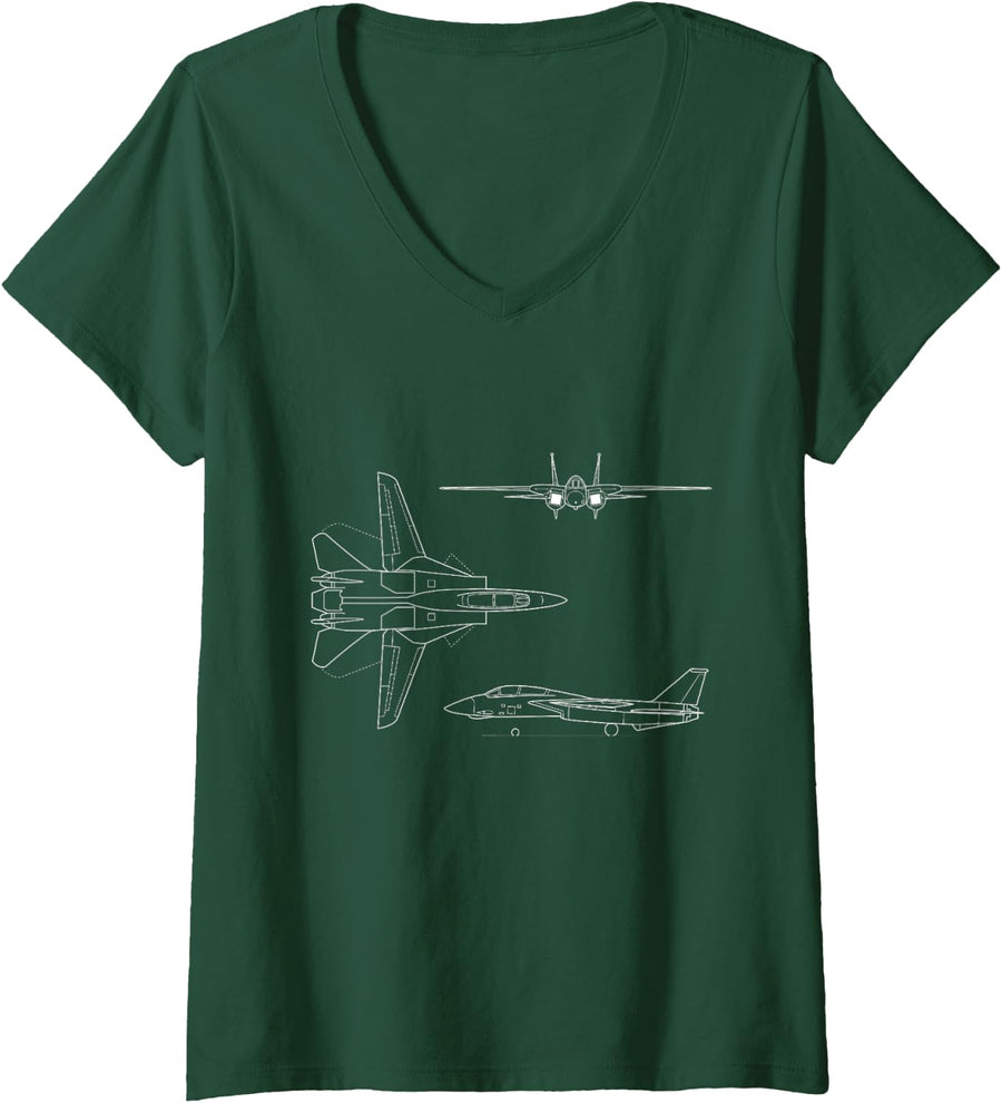 Women's F14 Tomcat Navy Fighter Jet Diagram Blueprint Sketch V-Neck T-Shirt - Dark Green