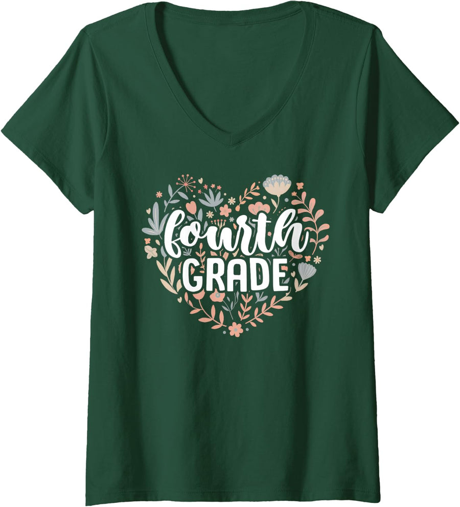Women's Fourth Grade Floral Heart Back to School Teacher Women Girls V-Neck T-Shirt - Dark Green