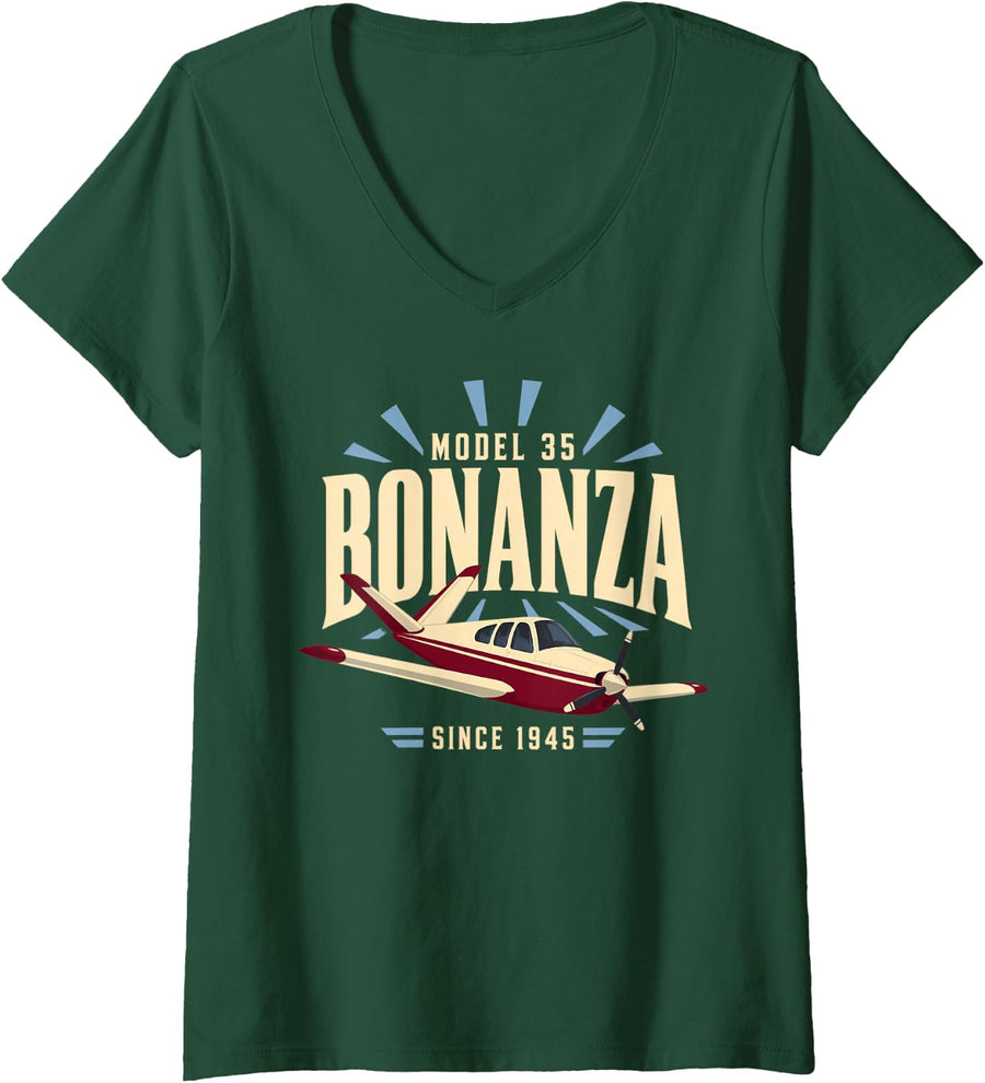 Women's Model 35 Bonanza Since 1945 Airplane V-Neck T-Shirt - Dark Green