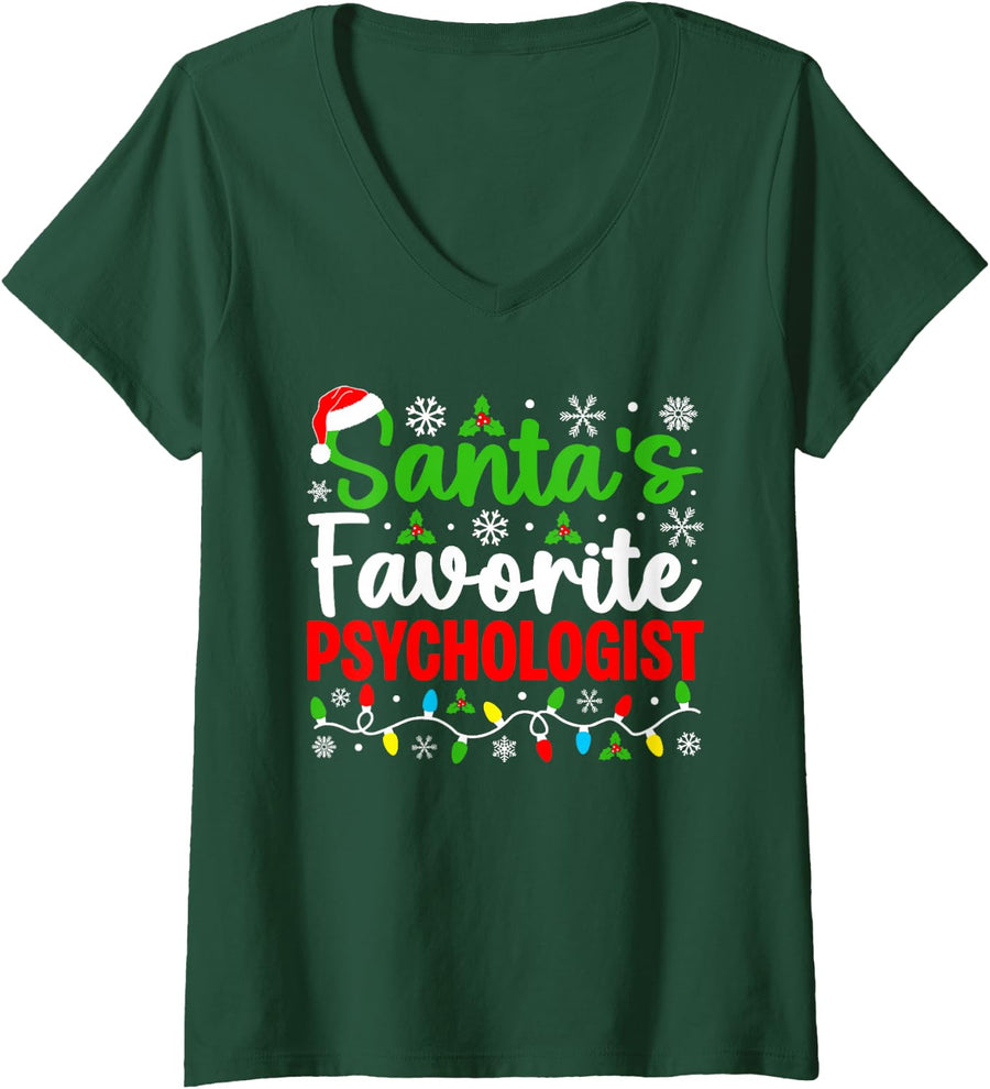 Women's Santa's Favorite Psychologist Funny Christmas V-Neck T-Shirt - Dark Green