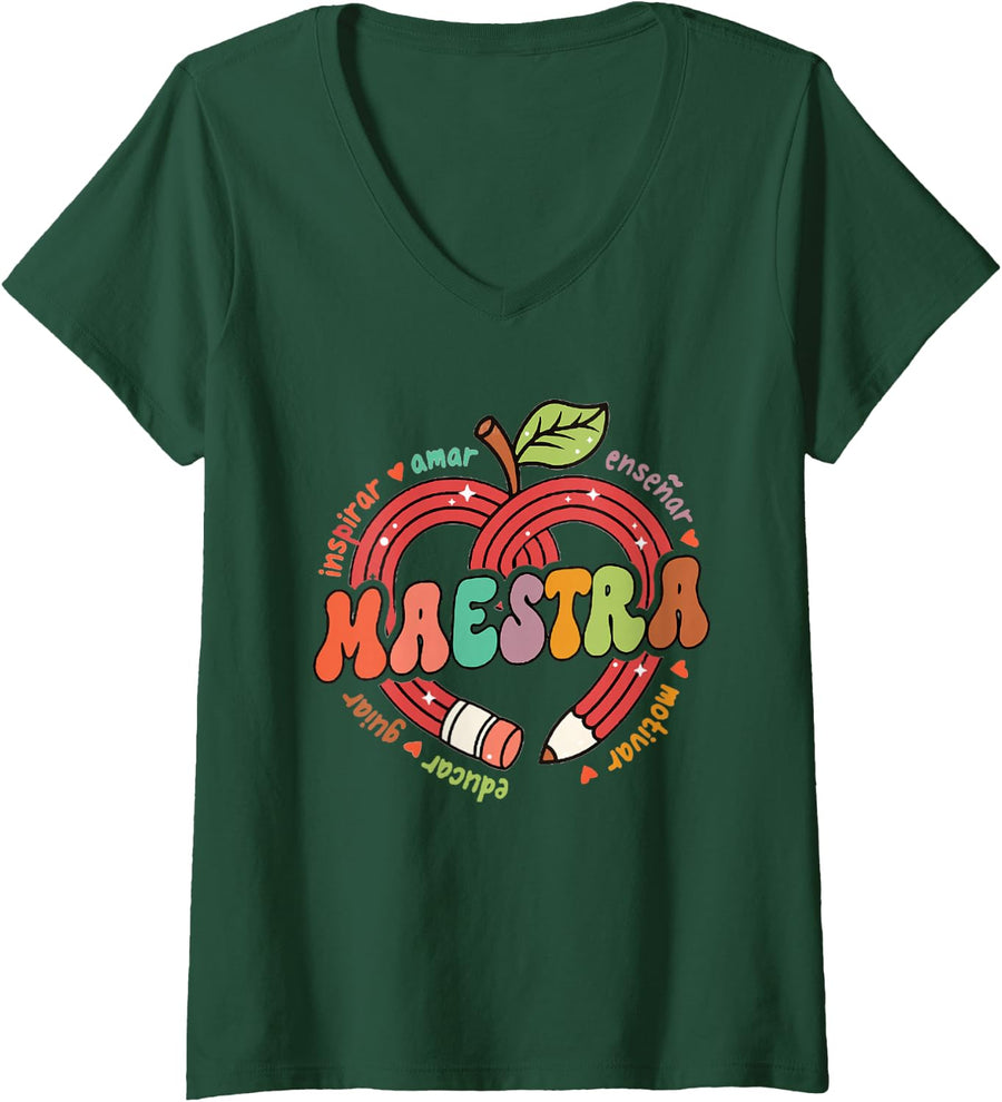 Women's Retro Maestra Bilingue Cute Pencil Apple Spanish Teacher V-Neck T-Shirt - Dark Green