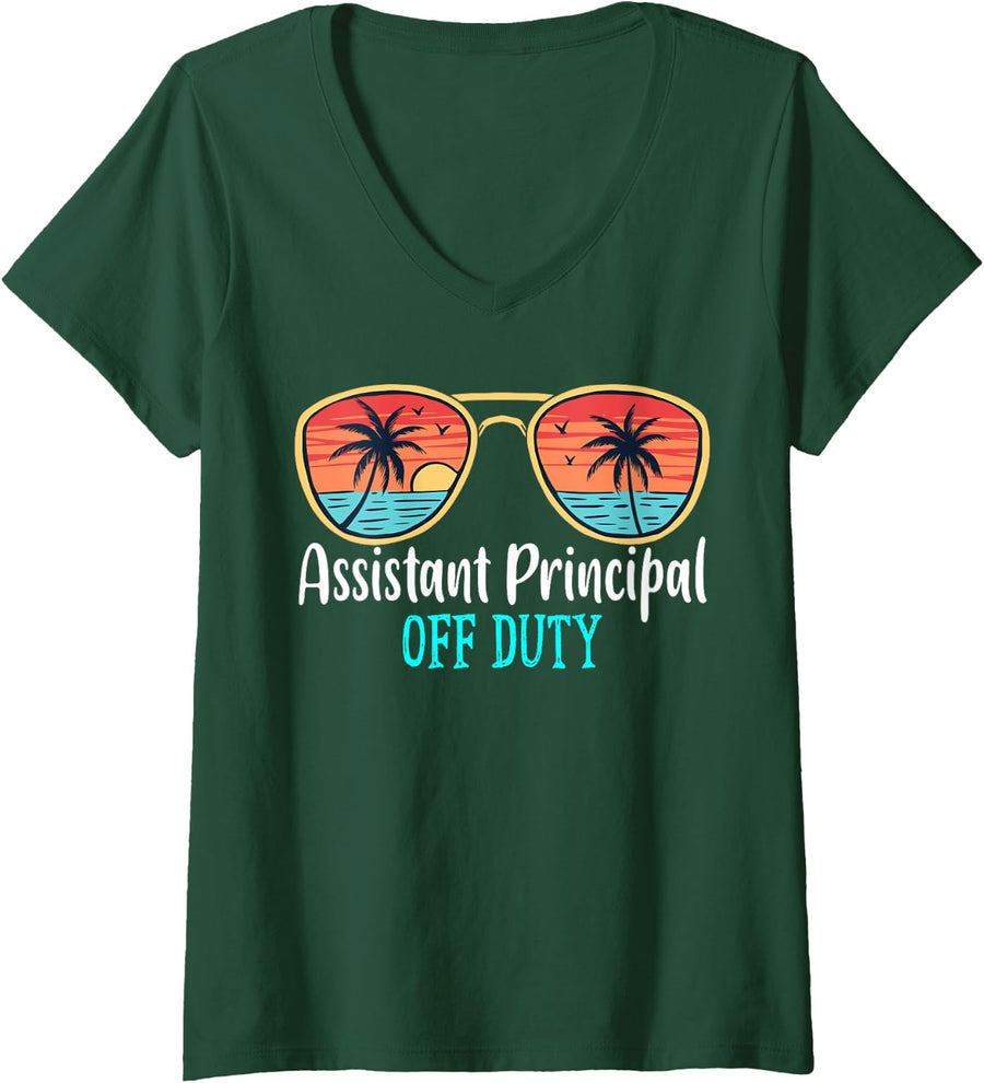 Womens Assistant Principal Off Duty Happy Last Day Of School Summer V-Neck T-Shirt - Dark Green
