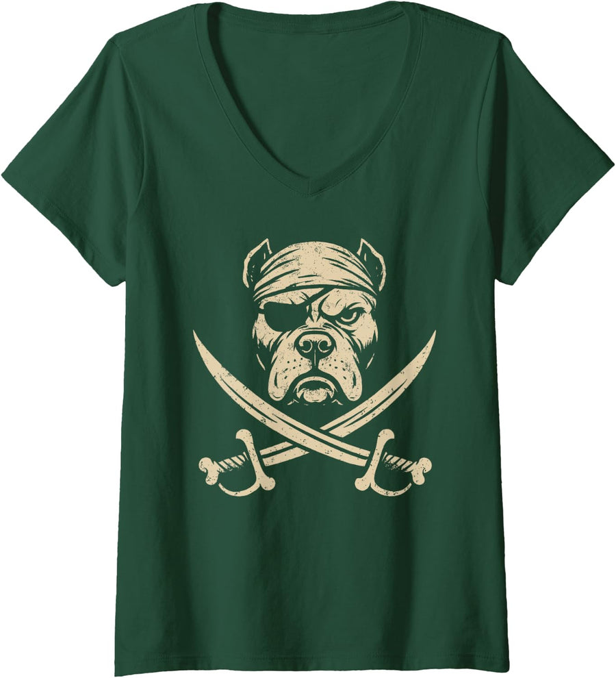 Womens Vintage Pirate Pit Bull Crossbones Dog Lover V-Neck T-Shirt - Dark Green