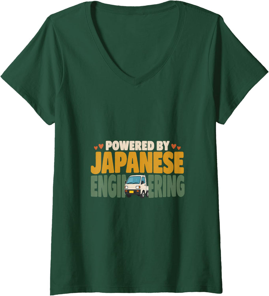 Women's Powered by Japanese Engineering Kei Truck Driver Mini Truck V-Neck T-Shirt - Dark Green