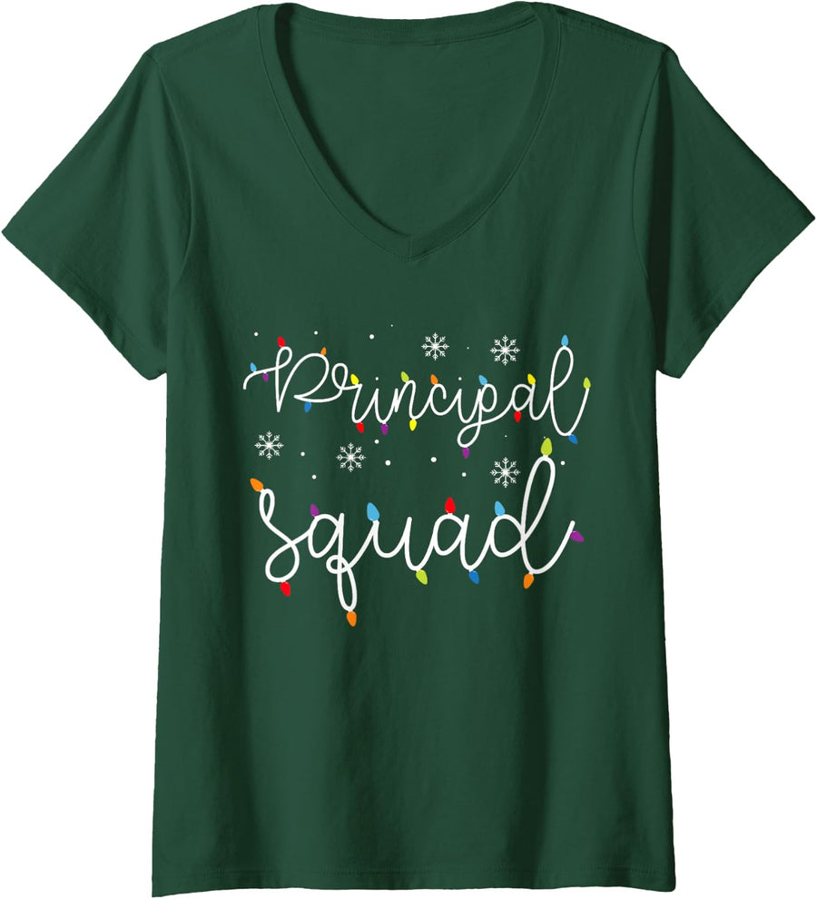 Women's Cute Christmas Principal Squad X-mas Light Festive Admin V-Neck T-Shirt - Dark Green