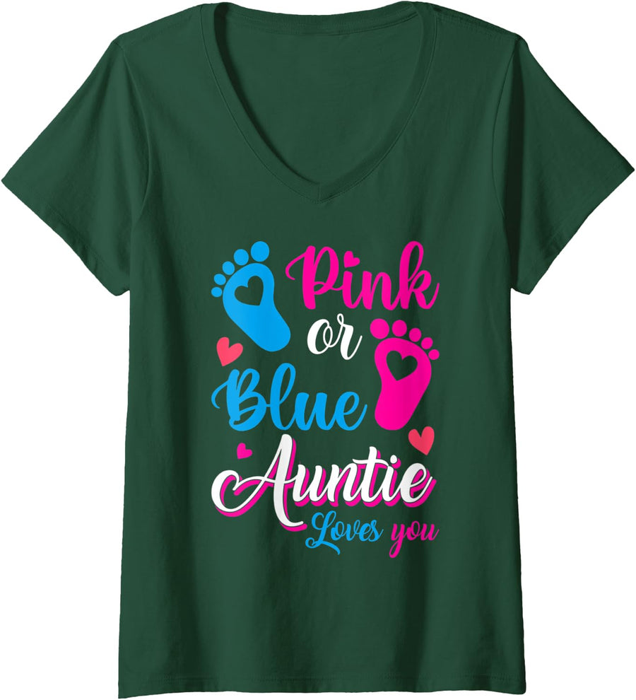 Womens Pink Or Blue Auntie Loves You Baby Gender Reveal Party Aunt V-Neck T-Shirt - Dark Green