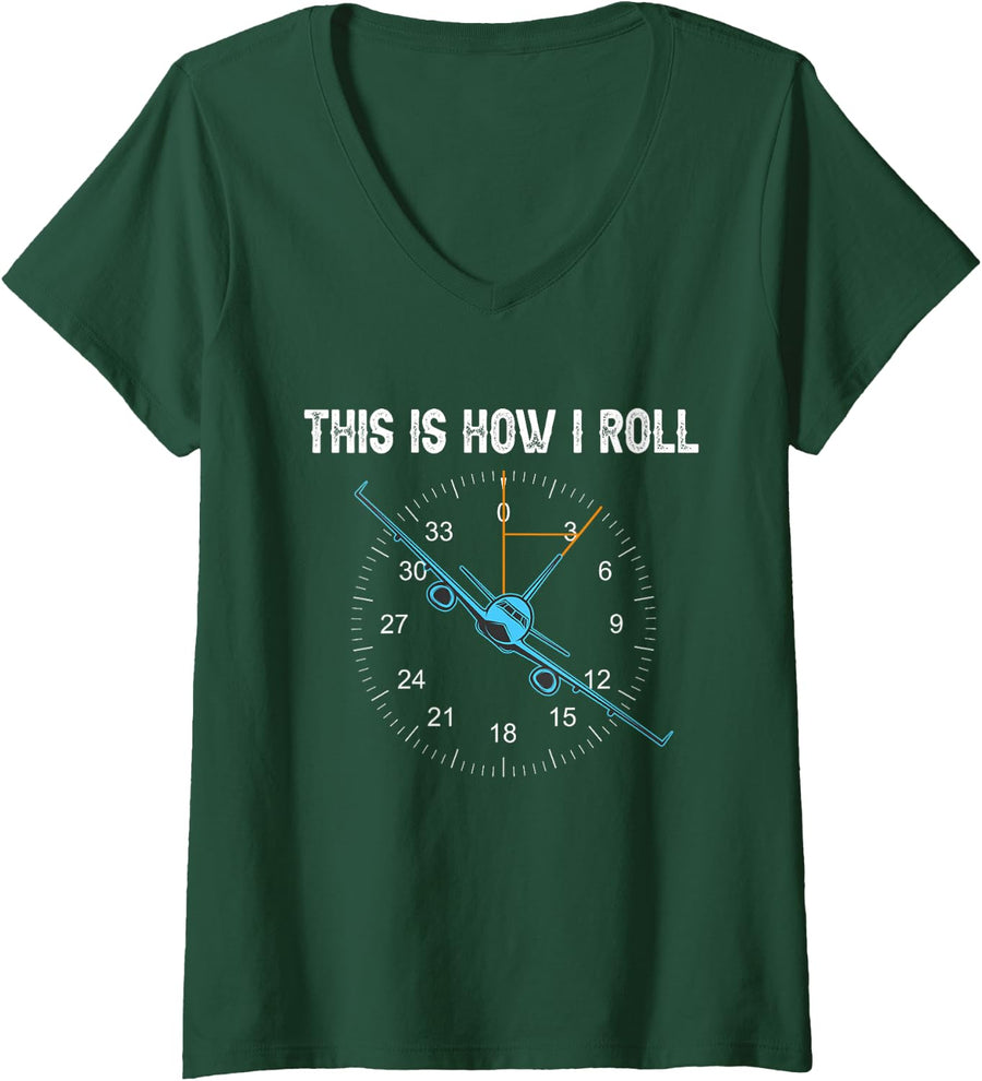 Women's Funny Aviation Shirt This is How I Roll Airplane Aviator Men V-Neck T-Shirt - Dark Green