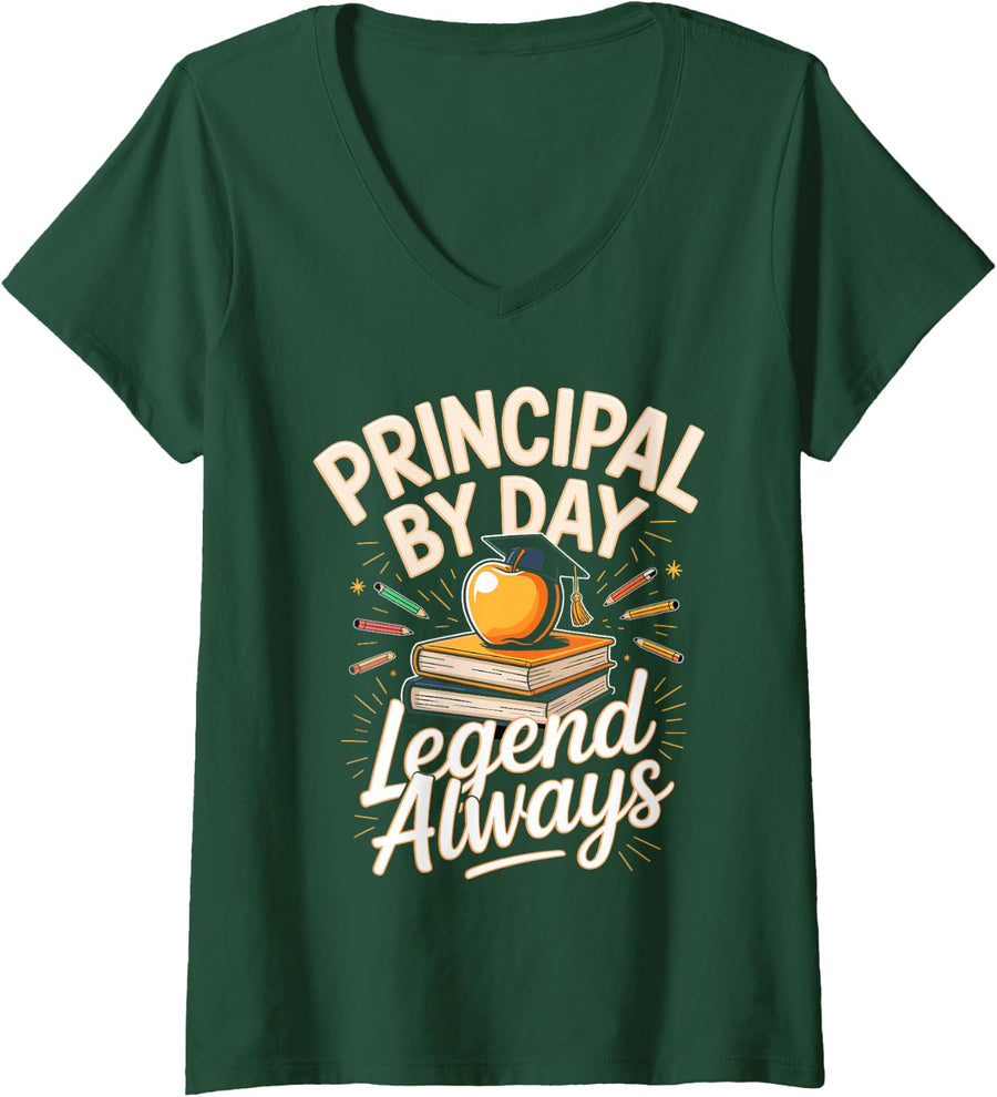 Women's Principal By Day Legend Always School Leadership V-Neck T-Shirt - Dark Green