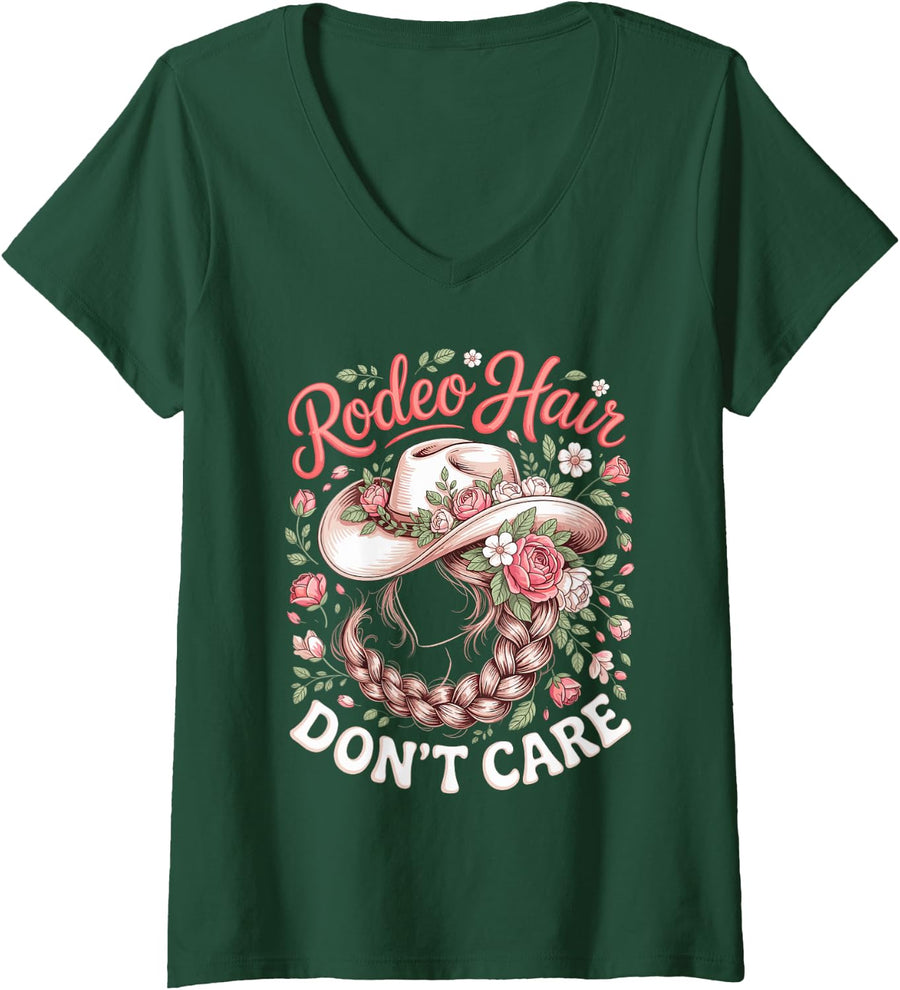 Women's Rodeo Hair Don't Care Cowgirl V-Neck T-Shirt - Dark Green