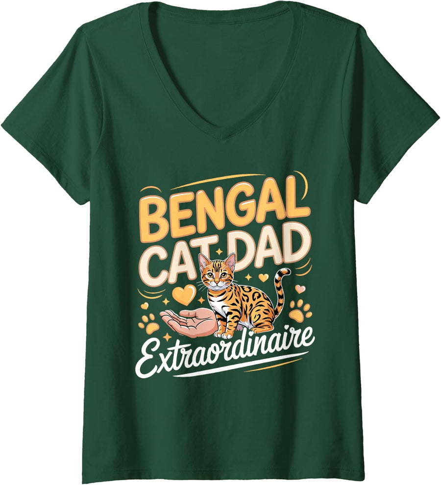 Women's Bengal Cat Dad Extraordinaire Bengal Cat Lover V-Neck T-Shirt - Dark Green