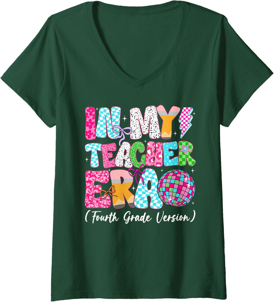 Women's in My Teacher Era Fourth Grade Version Groovy Teacher V-Neck T-Shirt - Dark Green