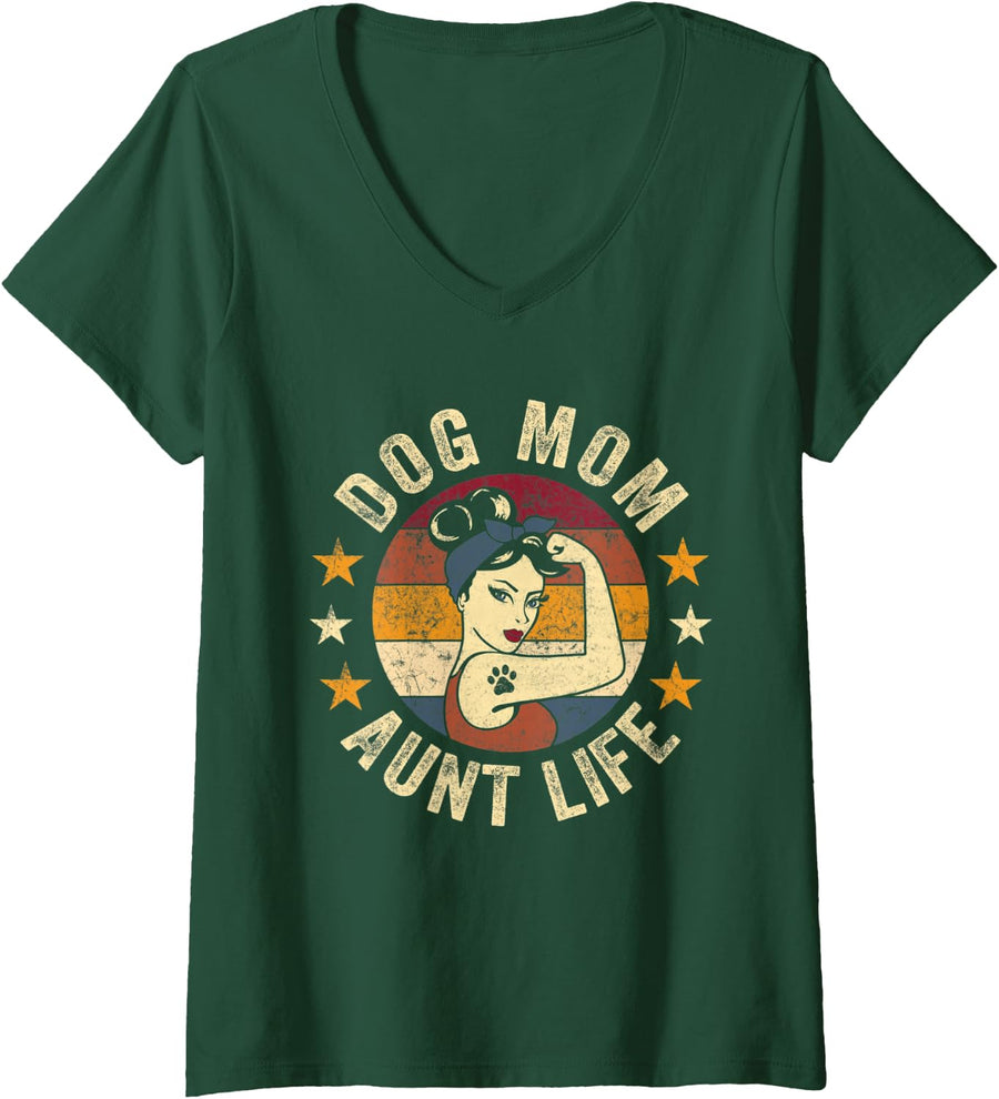 Womens Dog Mom Aunt Life Tee Retro Women Dog Loving Auntie V-Neck T-Shirt - Dark Green