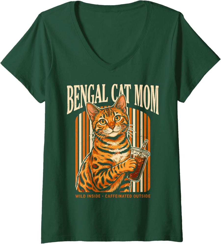 Women's Bengal Cat Mom Wild Inside Caffeinated Outside V-Neck T-Shirt - Dark Green