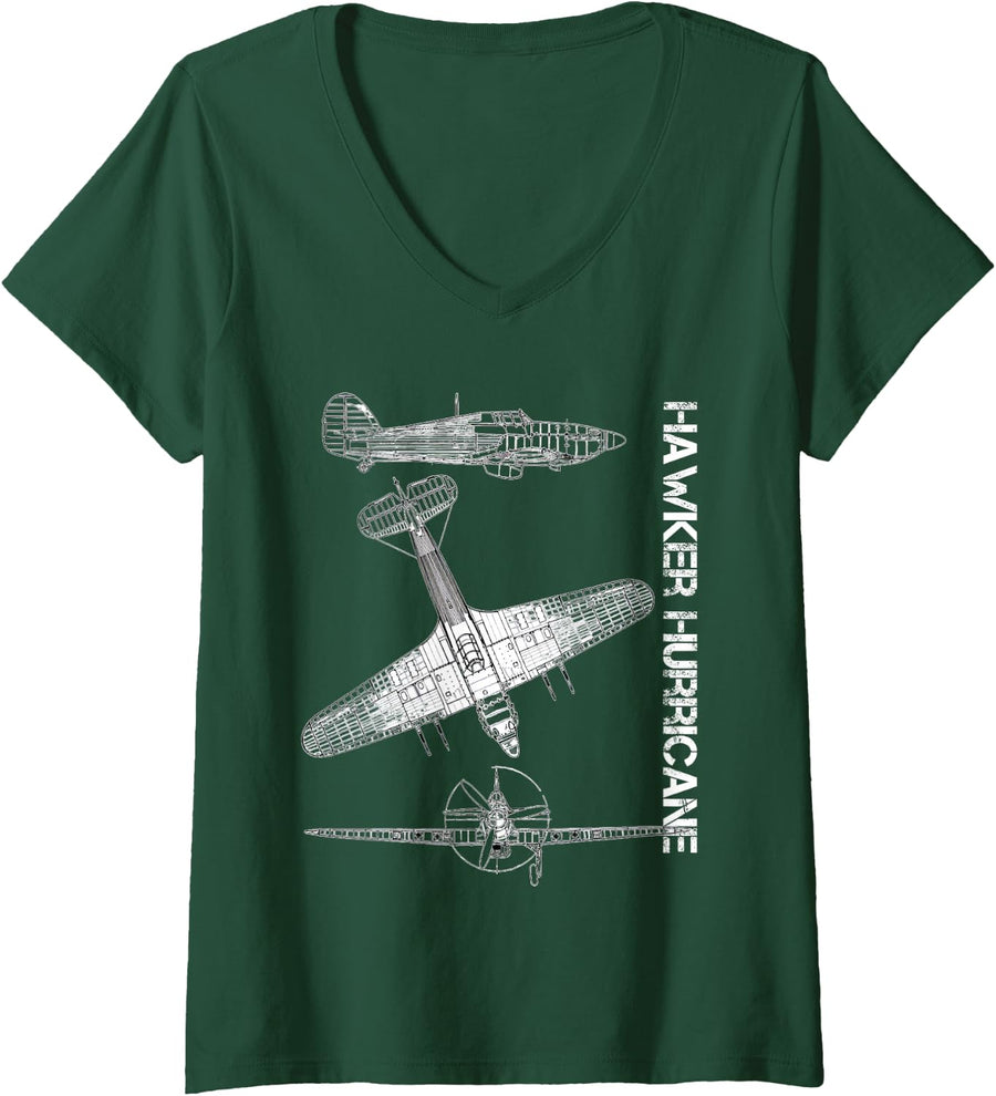 Women's Hawker Hurricane WW2 Fighter Airplane Blueprint V-Neck T-Shirt - Dark Green