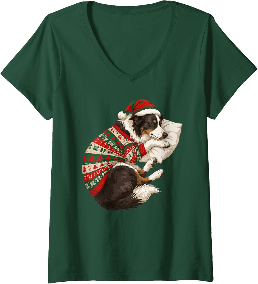 Women's Cozy Sleepy Border Collie Ugly Pajama Nap Dog Mom Dad Lover V-Neck T-Shirt - Dark Green