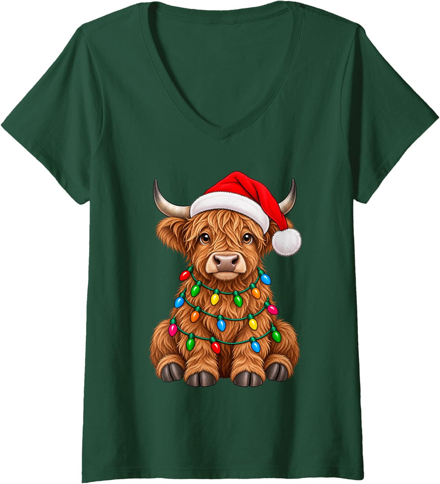 Women's Cute Highland Cow Santa Christmas Lights Animal Lover Xmas V-Neck T-Shirt - Dark Green
