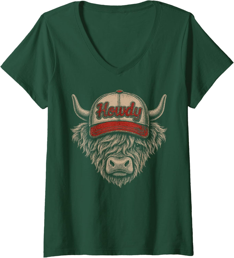 Women's Howdy Highland Cow Western Cowboy Vintage Farm Animal V-Neck T-Shirt - Dark Green
