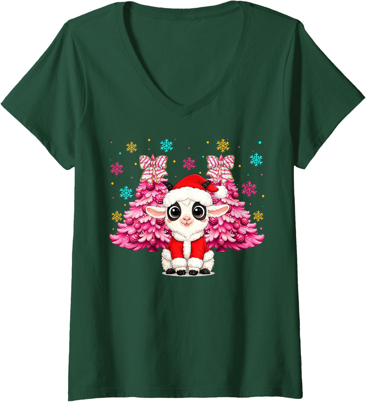 Women's Matching Christmas Goat Lovers Kids Boys Girls Xmas Party V-Neck T-Shirt - Dark Green