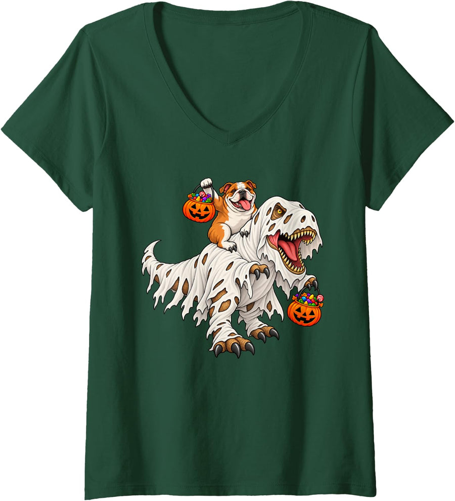 Women's Bulldog Dog Ghost T-Rex Dinosaur Funny Halloween V-Neck T-Shirt - Dark Green