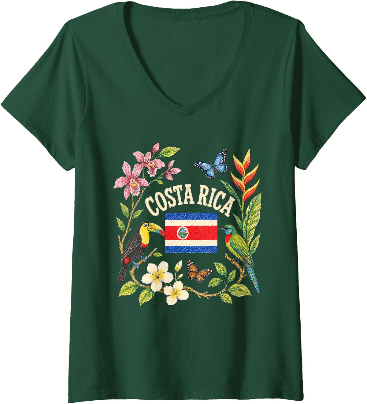 Women's Vintage Costa Rica Botanical Floral Flag V-Neck T-Shirt - Dark Green