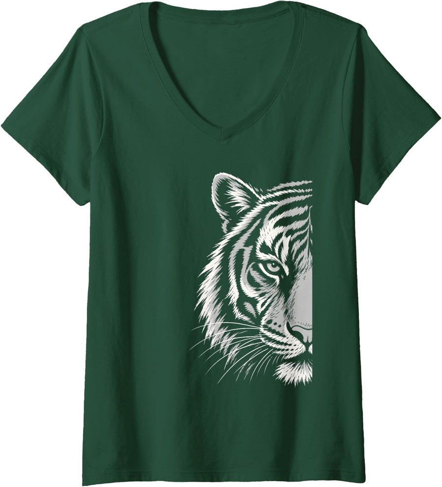 Women's Tiger Graphic Fierce Vintage Bengal Big Cat Nature V-Neck T-Shirt - Dark Green